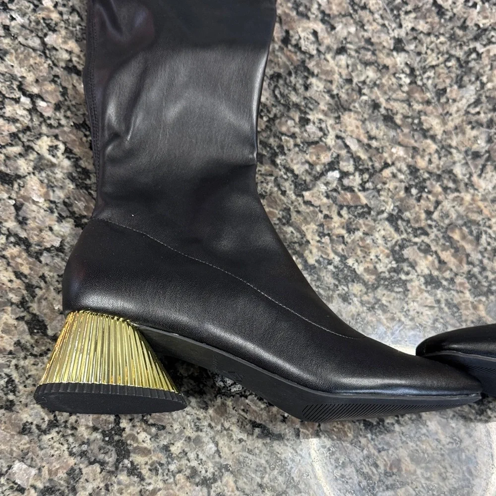 Katy Perry Clara Black square toe Over the Knee Boots with Gold Heel NEW